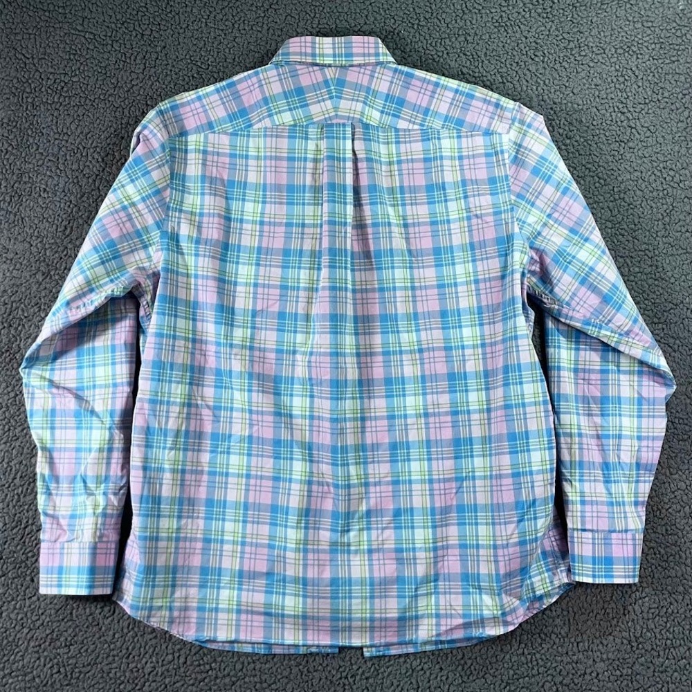 Lands End Mens Tall Large L/T Plaid Button Down Shirt Blue Pink Cotton Poplin - Picture 3 of 9